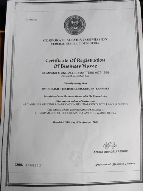 CAC Certificate of Registration of Business Name for Omodelight Technical Nigeria Enterprises