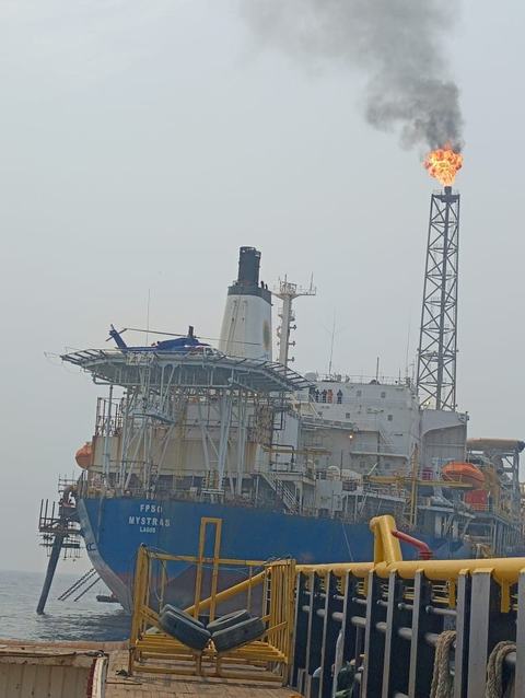 FPSO Mystras offshore, flare stack burning