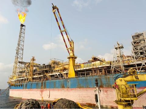 FPSO Mystras with its deck crane and flare stack